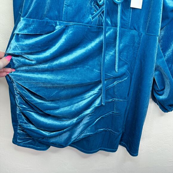 NWT KAI Collective Beebeeta Off Shoulder Turquoise Lace Up Velvet Mini Dress XL - Picture 7 of 16
